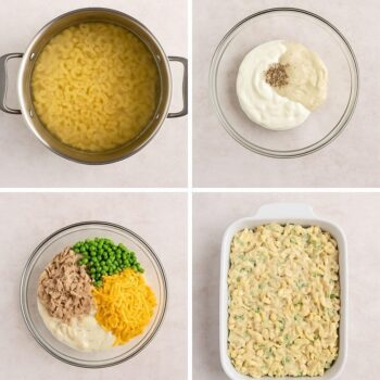 Barefoot Contessa inspired tuna casserole in white baking dish