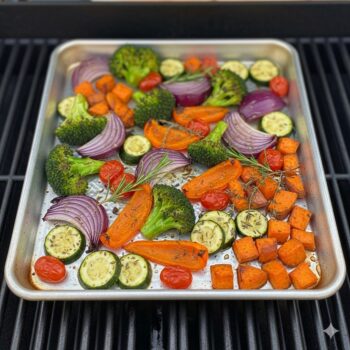 rimmed aluminum baking sheet placed on grill grates filled with colorful roasted vegetables